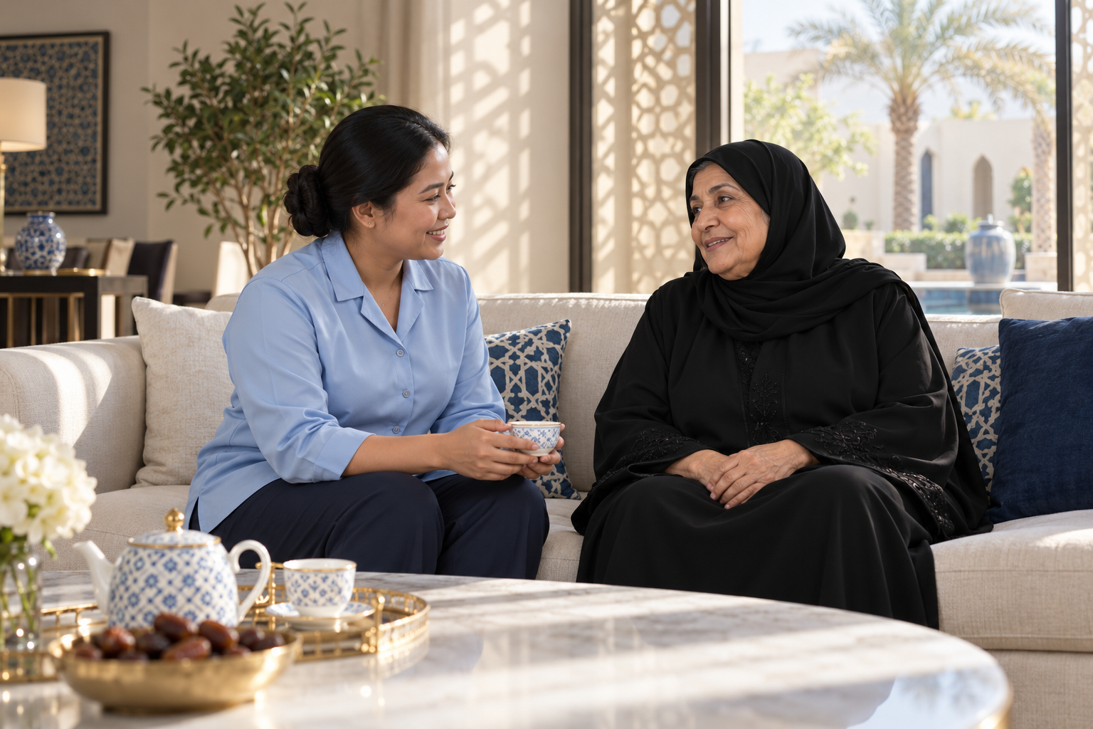مرافقة تتحدث مع سيدة كبيرة في السن